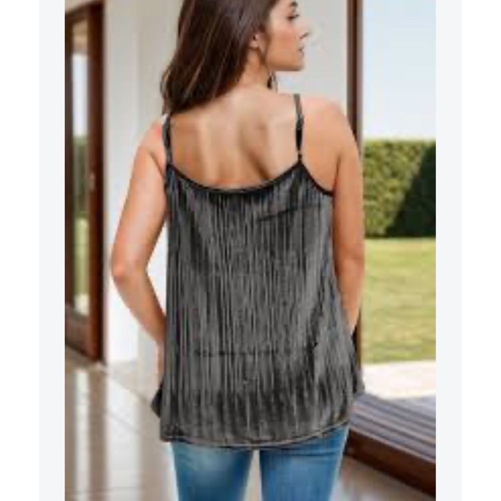 POL Women Charcoal Grey Pleated Velvet Cami V-Neck Braided Strap Top BWT134 Med
